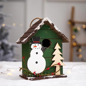 Wooden Christmas birdhouse with snowman and snow effect for holiday decor