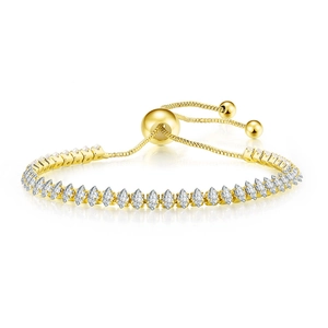 Detail of adjustable golden tennis bracelet featuring marquise-cut clear cubic zirconia stones