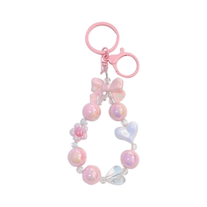 Cute pink acrylic beaded keychain with bow and heart charms for bag decoration gift