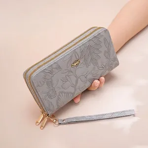Grey floral embossed faux leather long wallet for women with double zippers and wristlet