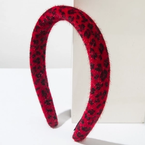 Leopard print red sponge headband with plush texture and subtle glitter accents