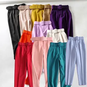 Pantalones Casuales De Poliéster Cintura Alta Con Cinturón A Juego Pantalones De Oficina Rectos Para Mujeres