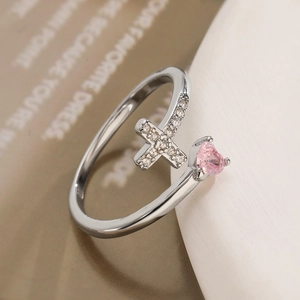 Cross ring with pink heart zircon and 18K gold plating on a minimalist open band