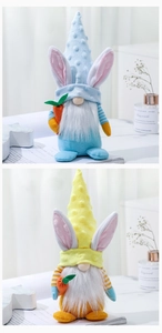 Detail of Easter gnomes with polka dot hats, bunny ears, and plush orange carrots