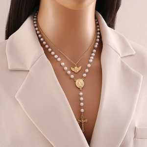 Stainless Steel Double Layer Necklace With Angel Wing Cross Religious Medallion Imitation Artificial Pearl Turquoise Tassel Women