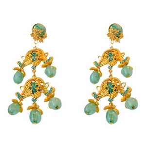 Vintage style gold floral earrings with green jade beads and blue gems on white background
