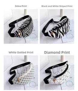 Detail showcasing four patterns of fashion waist bags including leopard and zebra prints