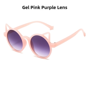 Close-up of kids cute cat-ear sunglasses in jelly pink with purple gradient lenses