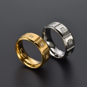 Men's matte brushed titanium steel ring with geometric square zircon inlays and gold plating