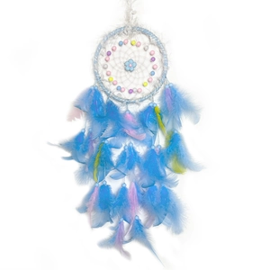 Blue dream catcher with pink and yellow feathers for girls room wall decoration