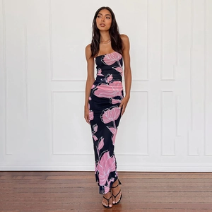 Floral print ruched bodycon tube maxi dress with pink blossoms on black mesh fabric