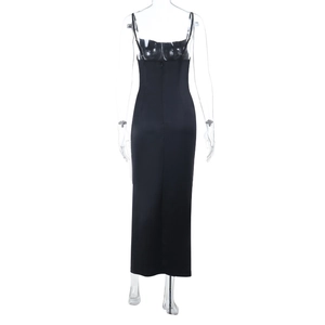 Back view of a black satin maxi dress featuring a high slit and a hidden zipper closure