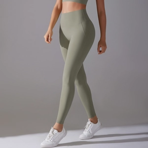 Sage green high-waisted yoga pants with squat-proof fabric and seamless fit design