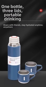 500ml dark blue stainless steel vacuum flask set with three lids for dual-use cups