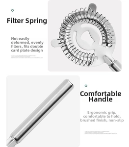 Detail of cocktail strainer with flexible filter spring and ergonomic brushed handle