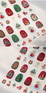 Macro detail of 3D embossed Christmas nail stickers with Santa and tree motifs