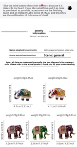 Detailed size comparison and color variety of vintage enamel elephant brooches