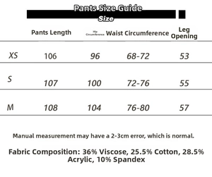 Detailed size chart for lounge sweatpants with fabric composition and measurements