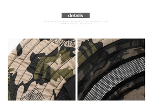 Detail of wide brim camouflage hat with reinforced stitching and breathable mesh lining