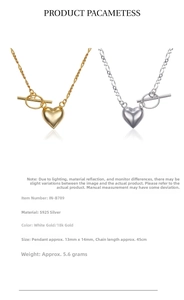 Detailed specs of S925 silver heart pendant necklace with OT toggle clasp and gold finish