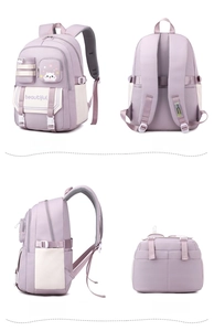Multi-angle views of purple waterproof nylon school backpack with cute cat print and breathable straps