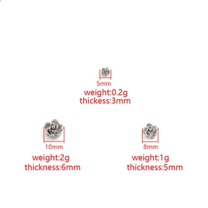 Three sizes of 3D stainless steel rose beads with dimensions for jewelry making DIY