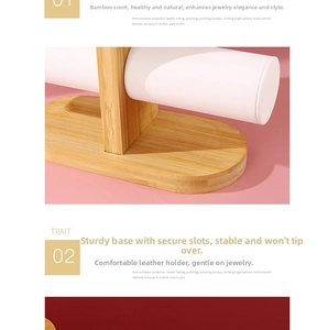 Detail of bamboo bracelet holder base with natural wood grain and stable grooves