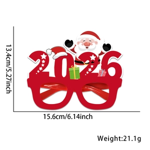 Detail showing red 2026 Christmas glasses dimensions 15.6x13.4cm with weight at 21.1g
