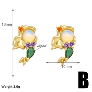 Detail showing 16mm gold mermaid earrings with multicolor zircons and size specifications