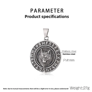 Close-up of Viking wolf head steel pendant with runes measuring 41mm and 27g