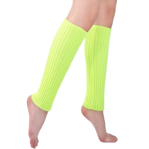 Detail of neon green ribbed knit leg warmers showing texture and elastic fit on calf