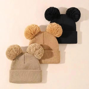 Acrylic Knitted Beanies With Double Pom-Poms Ribbed Warm Winter Hats For Toddler Baby Kids