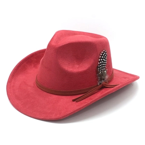 Classic red soft faux suede cowboy hat featuring a brown band and spotted feather detail