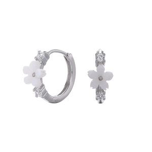 Detailed close-up of S925 silver hoop earrings with white flower petals and zircon stones