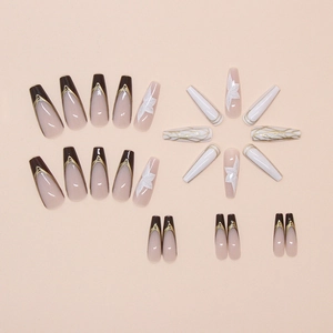 Long coffin press-on nails with maple leaf art and white French tips in 24 piece set