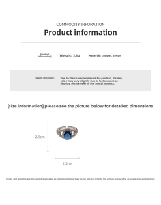 Size chart showing 3.8g copper ring with blue zircon, 2.9cm height and 2.2cm width