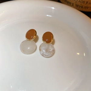 French vintage round geometric drop oil earrings with brown and marble resin design