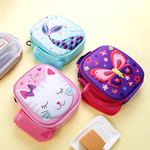 Detailed view of 3D cartoon unicorn lunch bags with mesh pockets and side handles