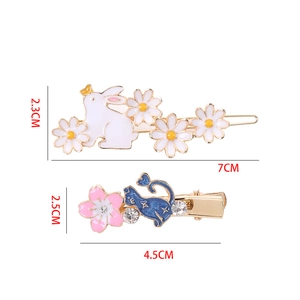 Kawaii rabbit daisy hair clip and cherry blossom cat hairpin set for women