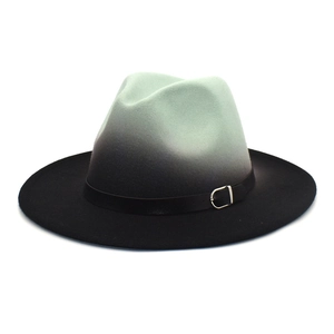 Mint green to black gradient felt fedora hat with wide brim and belt buckle detail