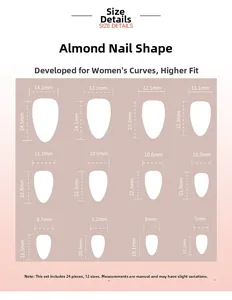 Size chart for brown almond press-on nails showing 12 different sizes and dimensions