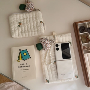 Quilted beige cotton crossbody bag and pouch with orange embroidery and mushroom charm