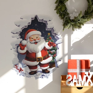 3D Santa Claus wall sticker with Christmas tree and snowy background in living room
