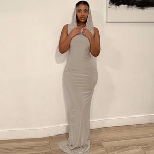 Detail view of light gray sleeveless hooded long dress with slim fit jersey fabric