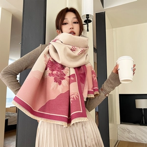 Elegant Women Polyester Jacquard Scarf With Tassels Warm Winter Shawl Floral Landscape Horse Pattern Oversized Pashmina Wrap