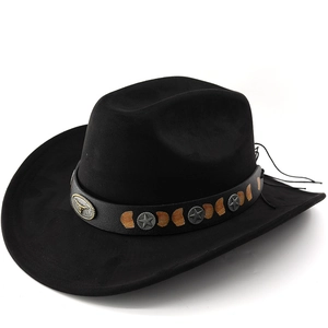 Detailed close-up of a black faux suede cowboy hat with bull head and star metal studs