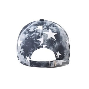 Detail view of cotton baseball cap back with star print and adjustable metal buckle strap