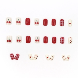 Short press-on nails set with red cherry, heart, plaid and polka dot festive patterns