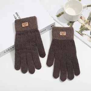 Thick knit alpaca wool touchscreen gloves in dark brown with elegant leather logo patch