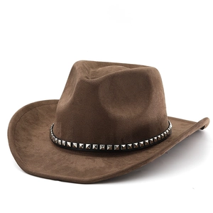 Vintage brown suede fedora hat with upturned brim and silver studded black ribbon